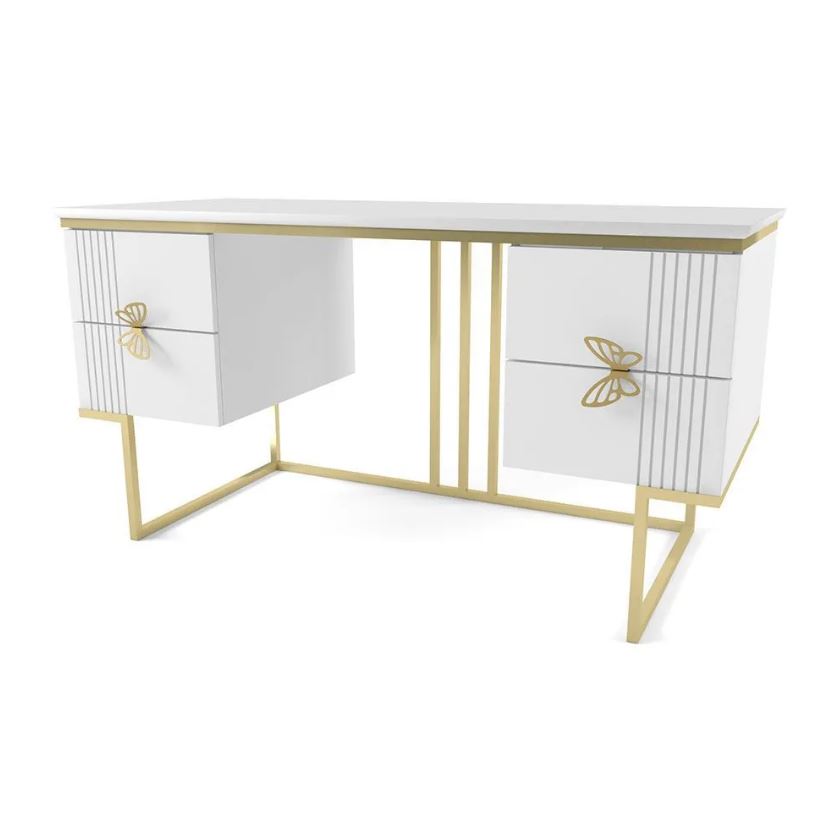 МИШЕЛЬ Стол 2-х тумбовый (БЕЛЫЙ, ЗОЛОТО, Бабочка)