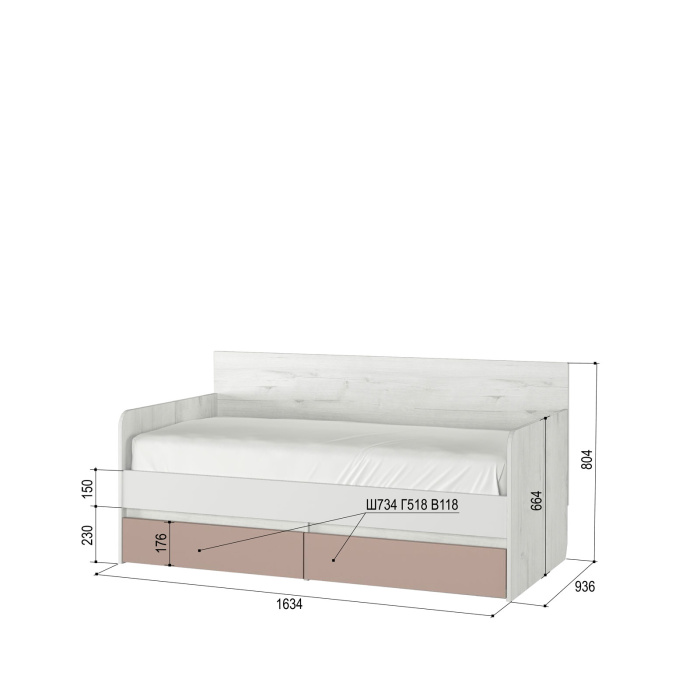 ЗЕФИР № 800.4 Кровать-тахта (Дуб Эльза/Белое сияние, Мокко, Щиты ЛДСП)