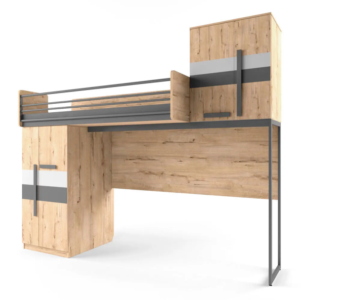 ТВИСТ ЛОФТ Кровать верхняя без лесенки со сплошным ограждением (Дуб Ирландский/Серый/Темно серый ЛОФТ, Шкаф слева)