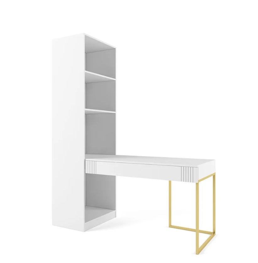 МИШЕЛЬ Стол со стеллажом (БЕЛЫЙ, ЗОЛОТО)
