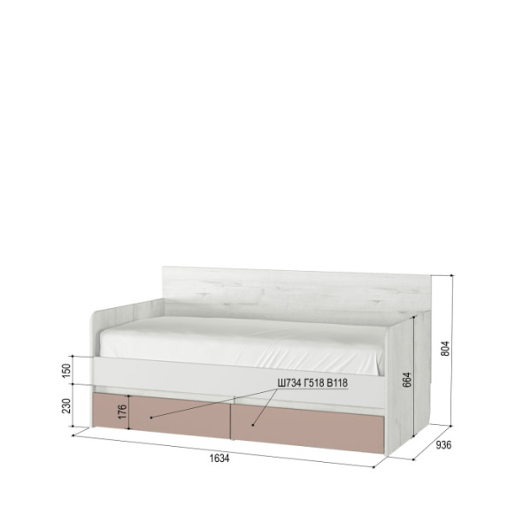 ЗЕФИР № 800.4 Кровать-тахта (Дуб Эльза/Белое сияние, Мокко, Щиты ЛДСП)