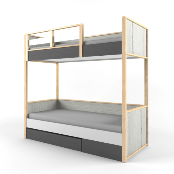 НЬЮТОН ГРЕЙ кровать 2-х ярусная с фальшпанелью (Цвет корпуса Дуь эльза/Темно серый лофт/Белый лофт)