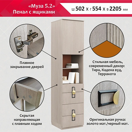 МУЗА №5.2 Пенал с ящиками (ТИРА, ТИРА / КАДЕНА ВУД)