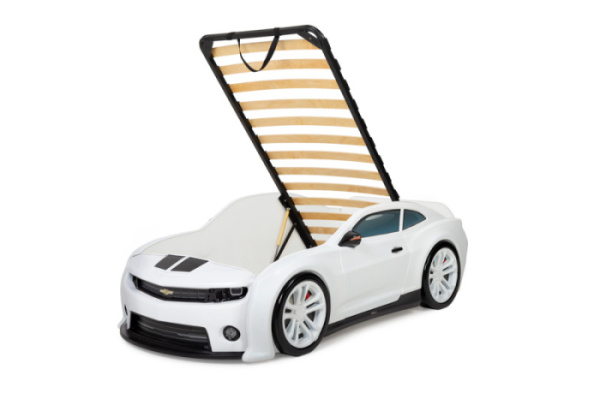 EVO CAMARO Детская кровать машина (Белый, Металлокаркас с ламелями и подъемным механизмом, Без подсветки фар, Без подсветки дна)