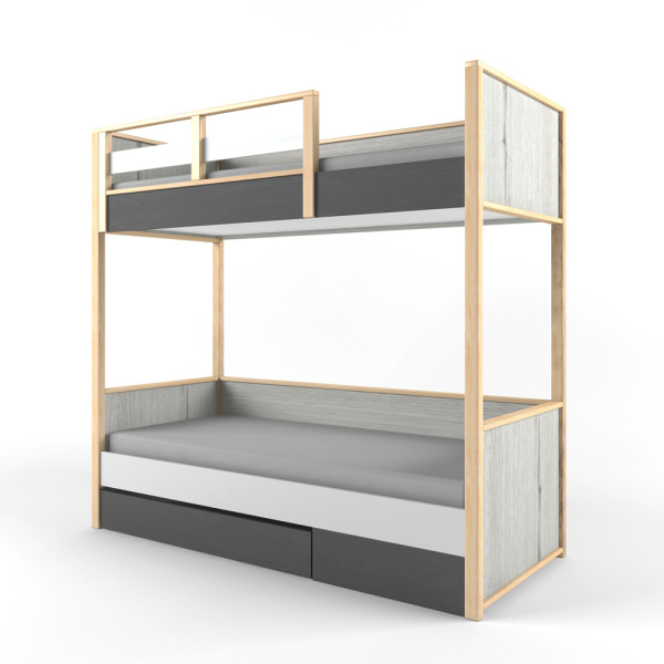 НЬЮТОН ГРЕЙ кровать 2-х ярусная с фальшпанелью (Цвет корпуса Дуь эльза/Темно серый лофт/Белый лофт)