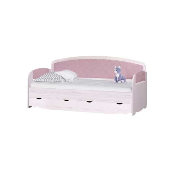 РОЗАЛИЯ № 900.5 Кровать-тахта (Лиственница белая, Омела глянец, LOUNGE 31 розовый, Щиты ЛДСП)